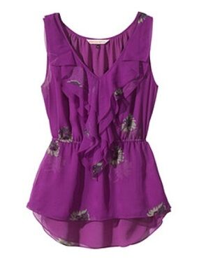 Rebecca Taylor 100% Sill Magenta Ruffle V-Neck Floral Sleeveless Top